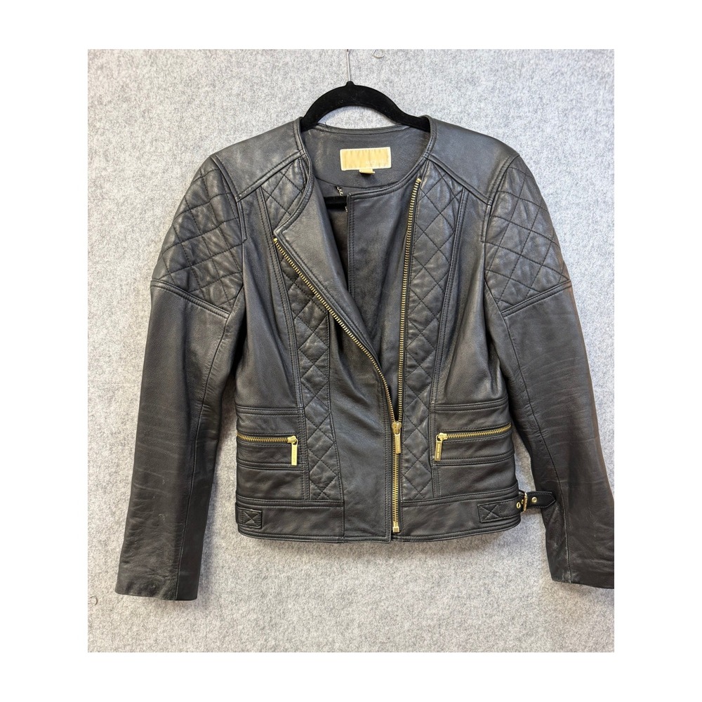 Michael Kors Womens Black Quilted Leather Moto Jacket Gold‎ Hardware Size S